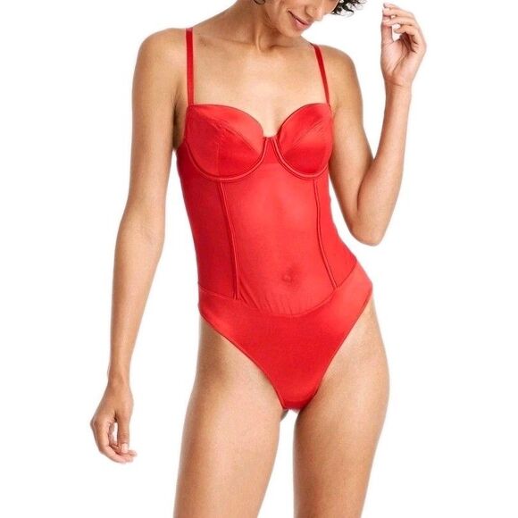 Auden Other - Auden Size S Red Satin Mesh Keyhole Lingerie Bodysuit Underwire Thong Lined Cups